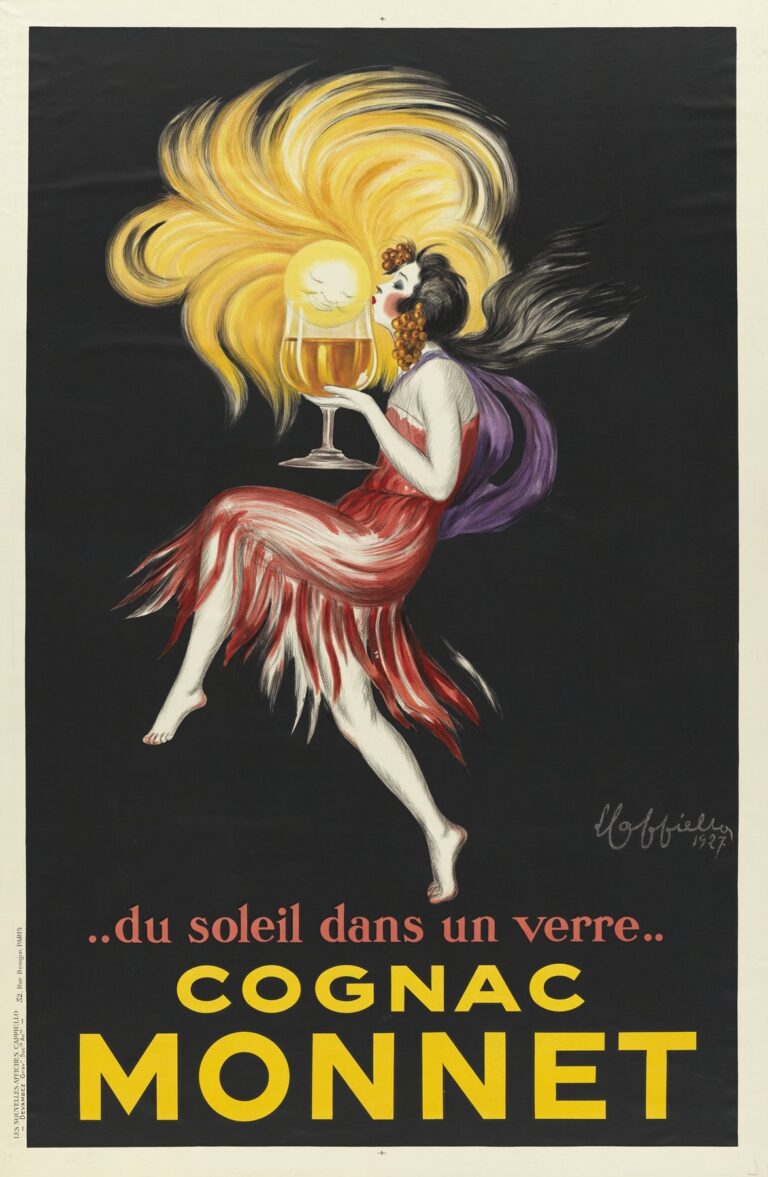 Art Deco poster depicting a dancing red-haired woman draped in a flowing red dress and purple sash, holding a glowing sun-lit glass of cognac that radiates golden hair-like beams, set against a deep black background with text “..du soleil dans un verre.. COGNAC MONNET.”