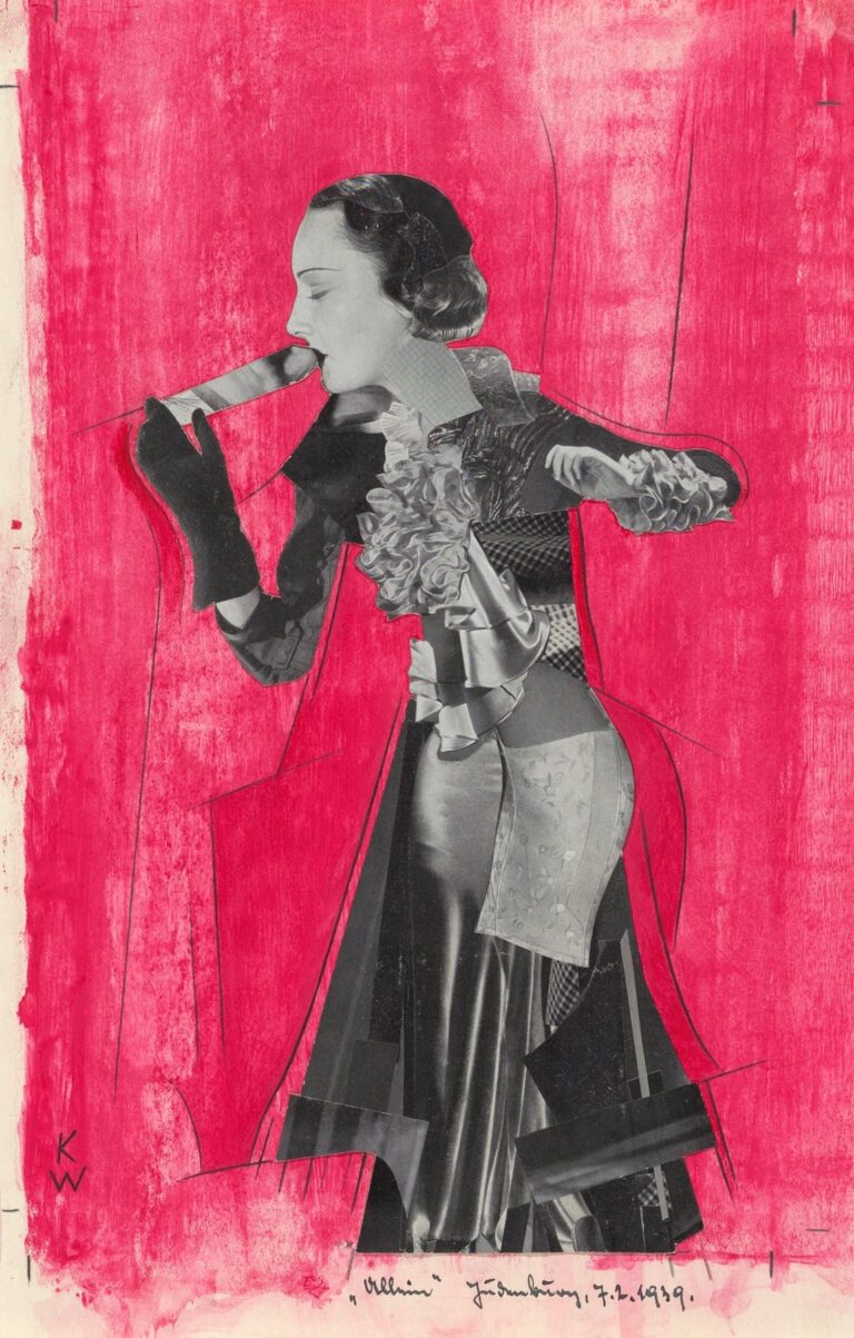 Collage and gouache depicting a fragmented black-and-white fashion figure—hand to mouth, ruffled sleeves, flowing skirt—set against a vivid magenta background, outlined in pencil, with registration ticks at the margins.