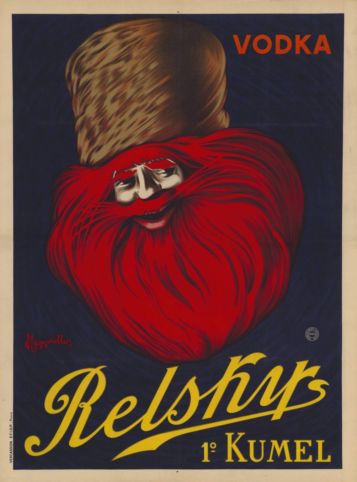 Art Nouveau poster showing a stylized red-bearded man’s face merging with his beard into an abstract, swirling red-and-brown shape topped by a fur hat, set against a deep blue background with bold orange text “VODKA” above and yellow cursive “Relskys 1° Kumel” below.