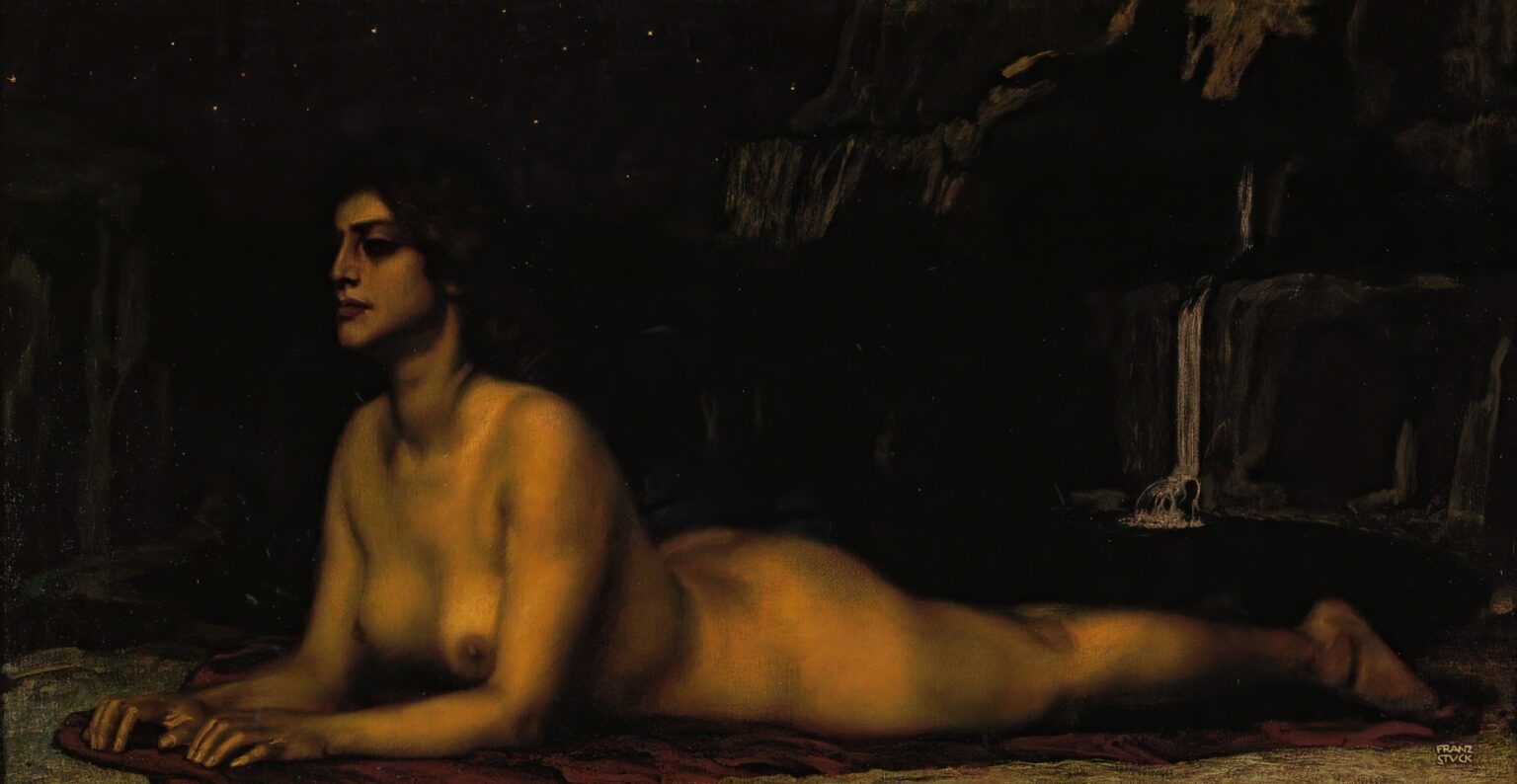 Oil painting of a nude female sphinx reclining on red drapery under a starry black sky, facing left with a contemplative gaze, rocky cliffs and a moonlit waterfall in the background.