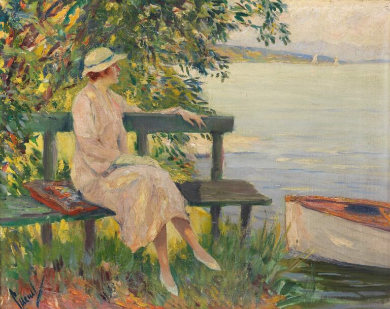 Impressionist oil painting of a woman in a peach dress and straw hat seated on a green bench beneath a leafy tree, gazing across a calm lake with a moored rowboat at her side.