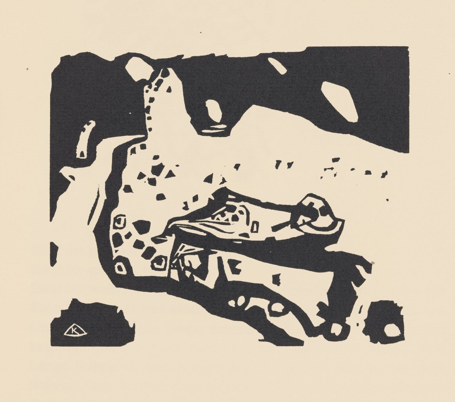 High‑contrast black woodcut on cream paper featuring a ragged border, a sweeping white channel, irregular black masses, and scattered triangular voids, creating a dynamic abstract composition.