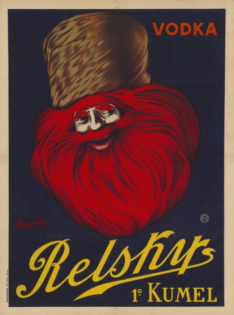 Art Nouveau poster showing a stylized red-bearded man’s face merging with his beard into an abstract, swirling red-and-brown shape topped by a fur hat, set against a deep blue background with bold orange text “VODKA” above and yellow cursive “Relskys 1° Kumel” below.