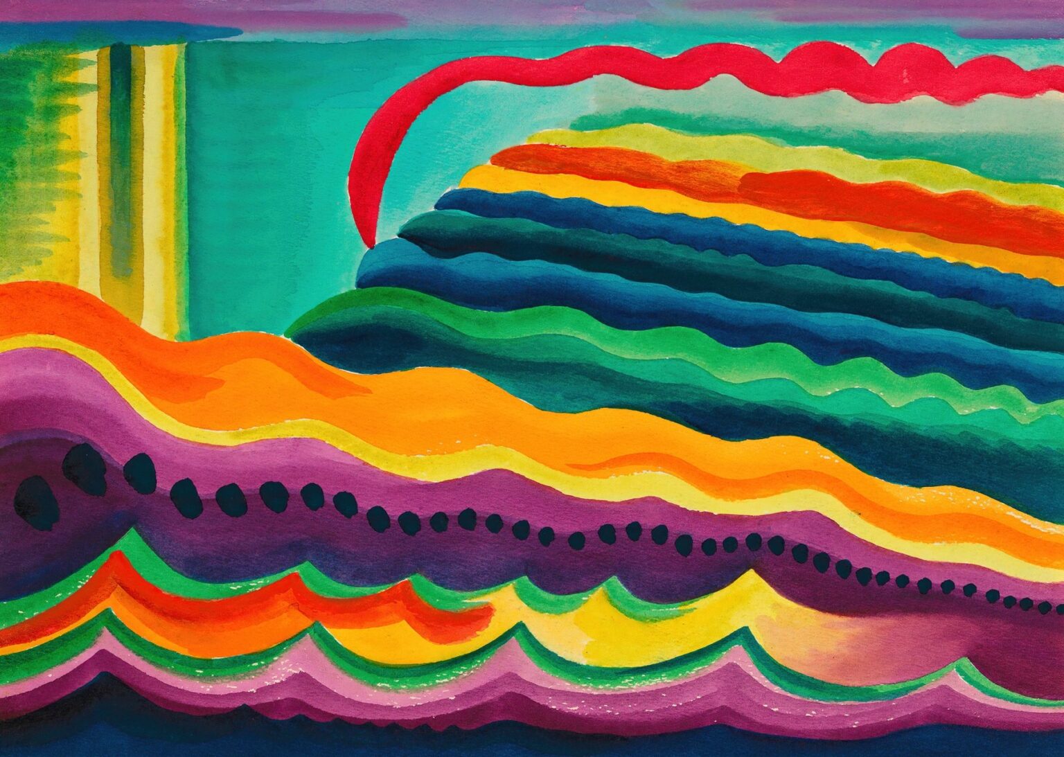 Abstract painting “Andante” by Karl Wiener (1928) featuring flowing, wave‑like bands of orange, red, green, blue, and purple that cascade across the canvas in a rhythmic, musical composition.