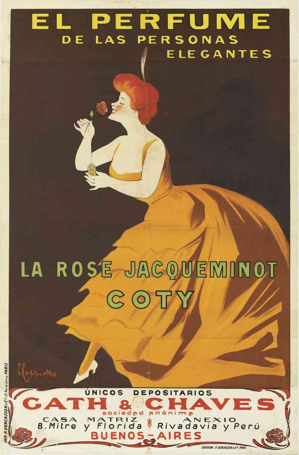 Art Nouveau poster showing a red-haired woman in a flowing golden gown, inhaling the scent of a single red rose while holding a small perfume bottle, framed by bold yellow text “EL PERFUME DE LAS PERSONAS ELEGANTES” and green text “LA ROSE JACQUEMINOT COTY” against a dark brown background.