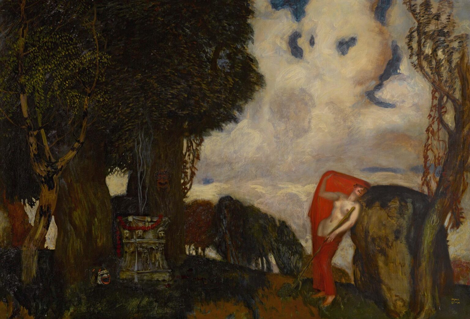 Oil painting of a nude young woman draped in red at the right, standing beside a rocky outcrop under swirling clouds; on the left, a dark forest grove surrounds a classical altar adorned with masks and garlands.