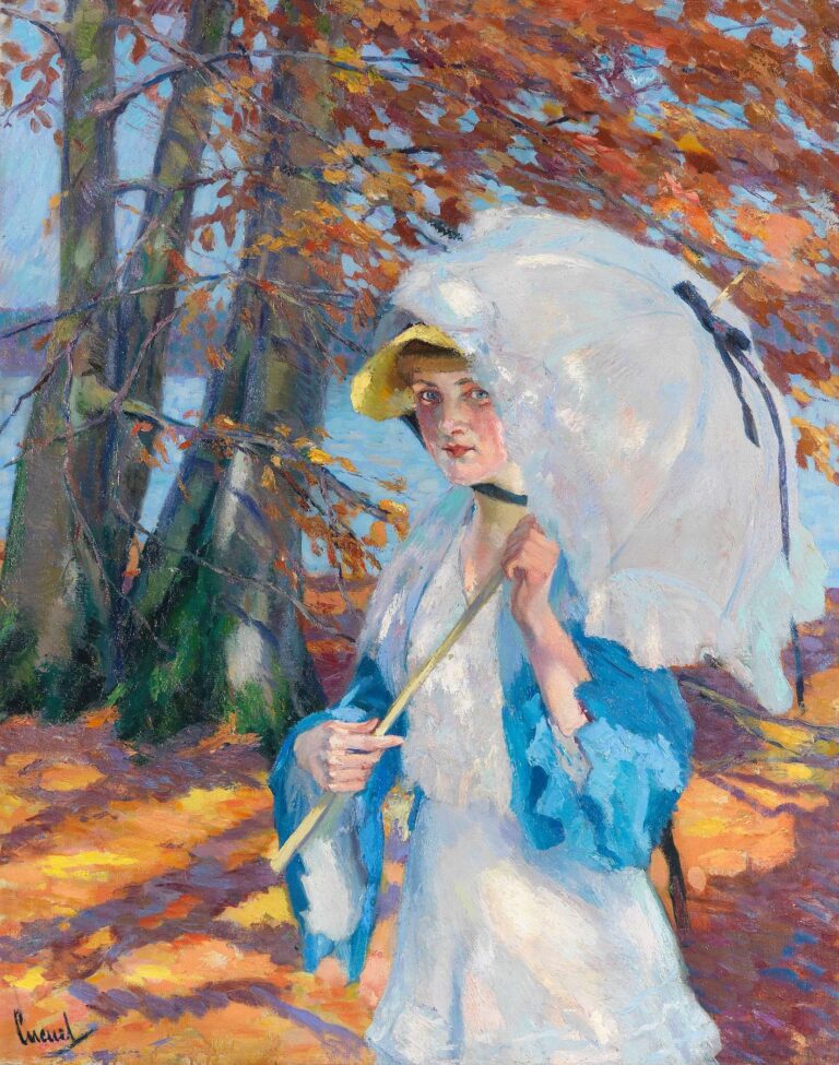 Impressionist oil painting of a woman in a white dress and straw hat holding a white parasol beneath orange autumn leaves, standing by a blue lake with distant sailboats.