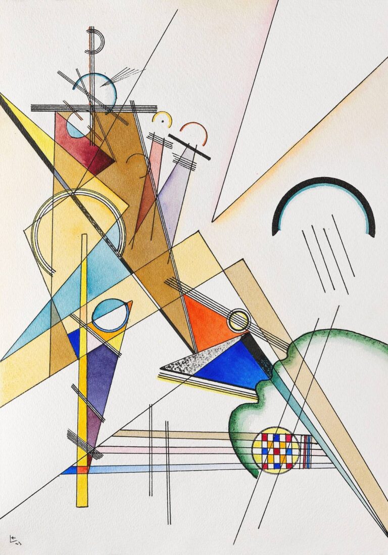Abstract chromolithograph featuring intersecting beige and pink diagonals, ochre and red triangular planes, blue and violet shapes, black linear grids, arcs, and a circular checker motif, evoking a woven tapestry.