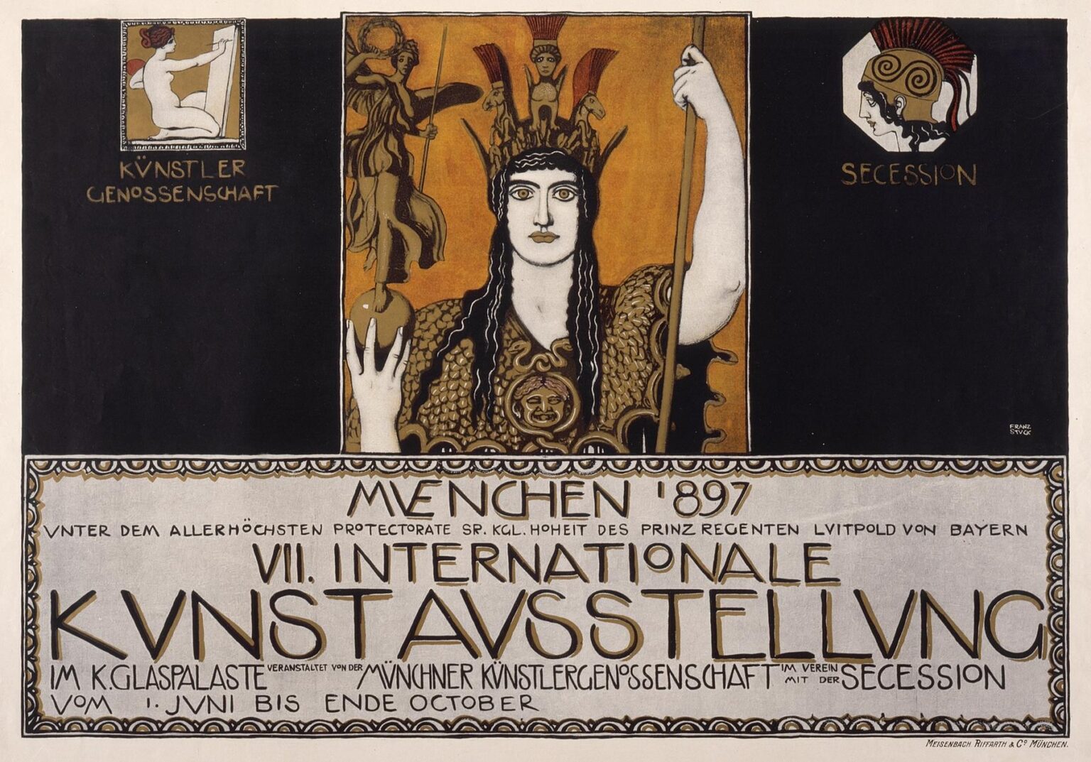 Poster featuring a central gilt‑ochre panel of the goddess Pallas Athene holding a staff and an apple, flanked by two small vignettes on black fields, with stylized gold and black text announcing the Munich 1897 Seventh International Art Exhibition.
