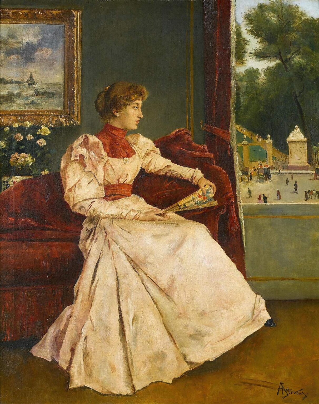 19th-century oil painting of a woman in a pink gown seated on a red velvet sofa holding a fan, with a framed seascape and a large window overlooking trees and sailboats visible in the background.