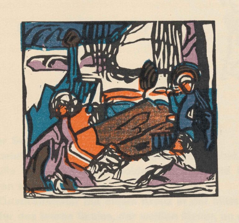 Woodcut with bold black relief masses, a winding white channel, clusters of hatchings, and areas of ochre and teal watercolor, creating a dynamic abstract composition.