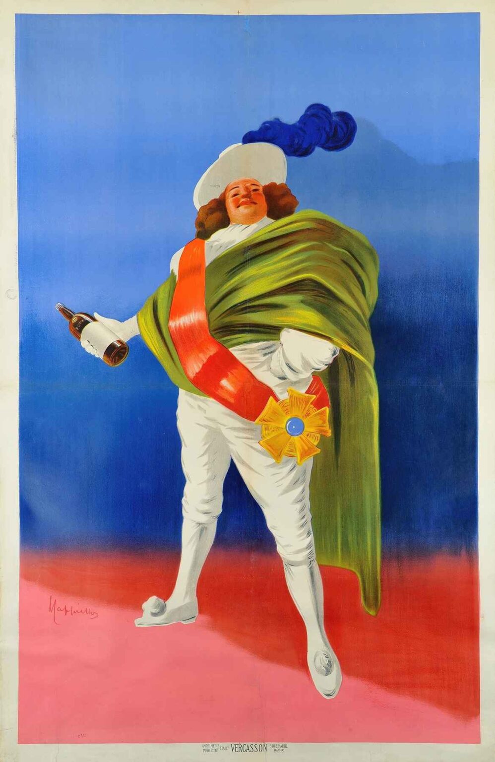 Art Nouveau–influenced poster showing a proud, theatrical figure in white 18th-century costume with green velvet cloak and red sash holding a bottle of liquor, set against a gradient blue-to-pink background, with minimal text crediting Vercasson.