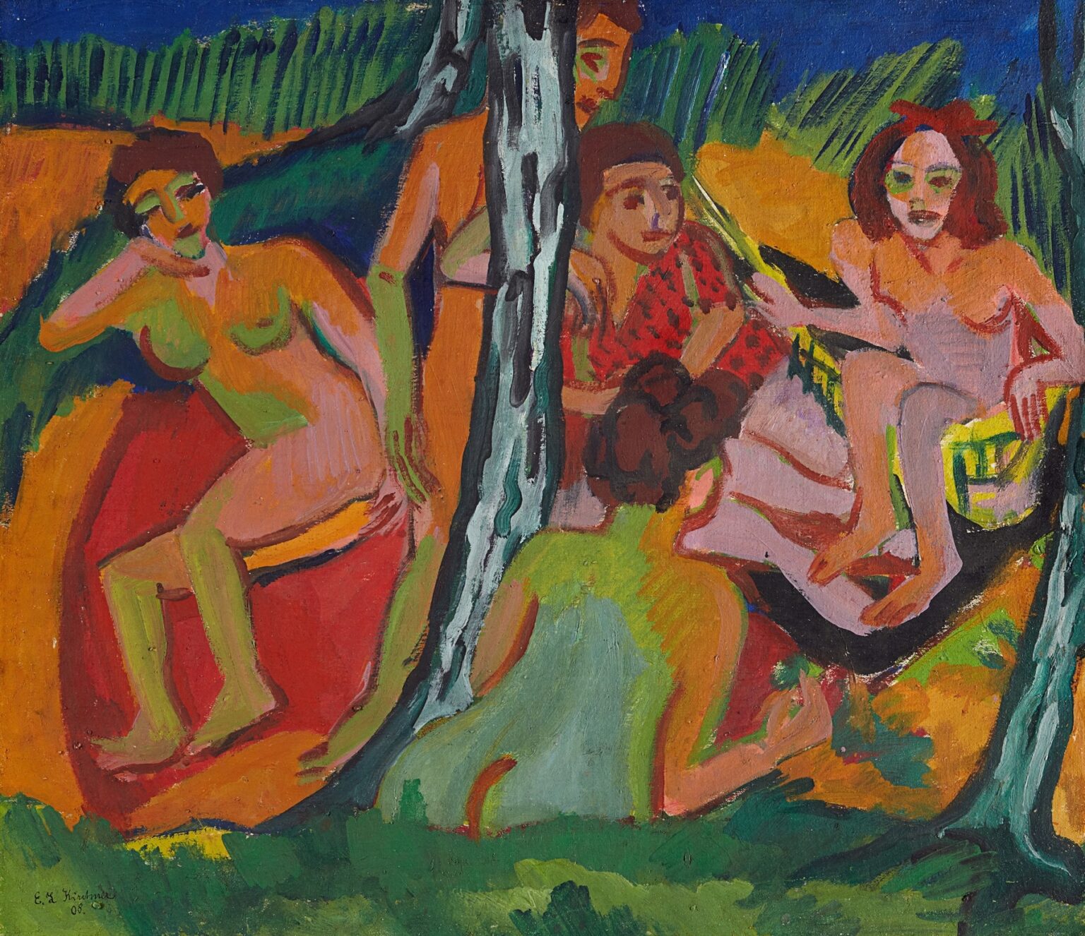 Expressionist painting of two nude figures resting among slender birch trees by a blue lake, rendered in vivid strokes of green, orange, purple, and blue with flattened space and interlocking forms.