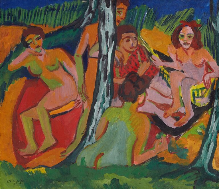 Expressionist painting of two nude figures resting among slender birch trees by a blue lake, rendered in vivid strokes of green, orange, purple, and blue with flattened space and interlocking forms.