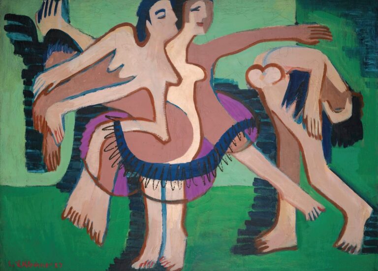 Expressionist painting by Ernst Ludwig Kirchner depicting three abstracted dancers with intertwined limbs in warm flesh tones outlined in blue, set against flat fields of green and blue, forming a circular rhythm of motion.