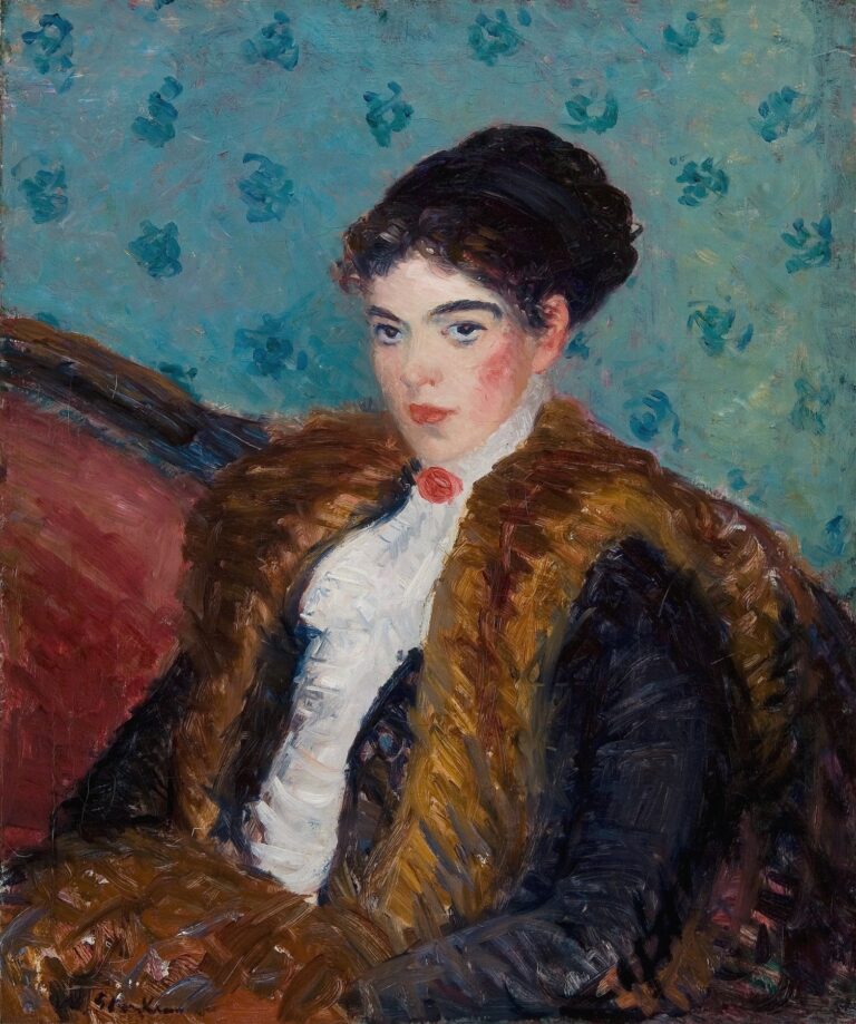 Oil painting of a seated young woman wearing a luxurious fox fur stole over her shoulders, dressed in a white high-collared blouse against a patterned turquoise floral wallpaper, rendered with loose, expressive Brushstrokes by William James Glackens, 1909.