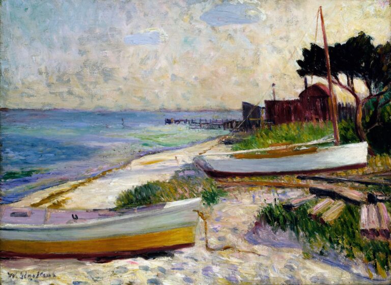 Impressionistic beach landscape with two empty rowboats on sandy shore, grassy dunes, a small pier and shacks at right, and calm blue-green water under a pale cloudy sky.