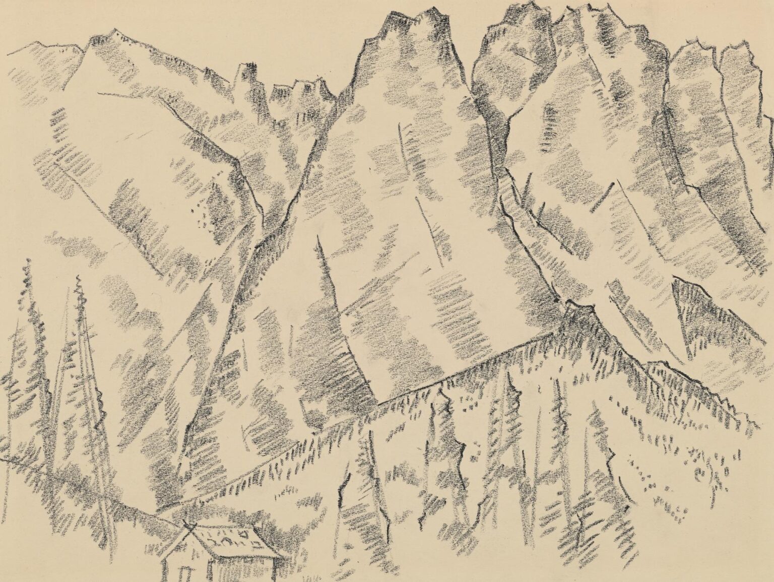 Graphite drawing of Alpspitze Mittenwald Road showing a winding mountain path leading to a small chalet framed by vertical pines, with steep, jagged peaks rising above.