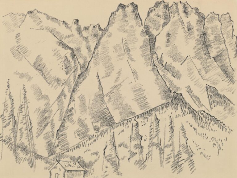 Graphite drawing of Alpspitze Mittenwald Road showing a winding mountain path leading to a small chalet framed by vertical pines, with steep, jagged peaks rising above.