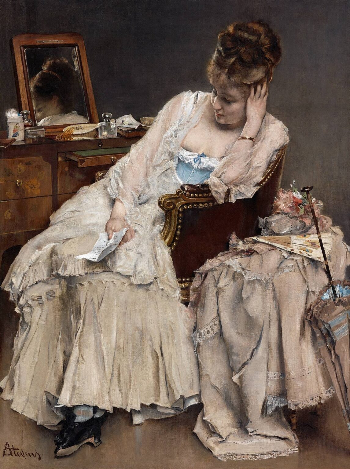 A pensive young woman in a white silk gown sits in a carved armchair, holding a folded letter with one hand while the other rests on her temple, surrounded by a writing desk, draped curtains, and a glimpse of a sunlit garden.