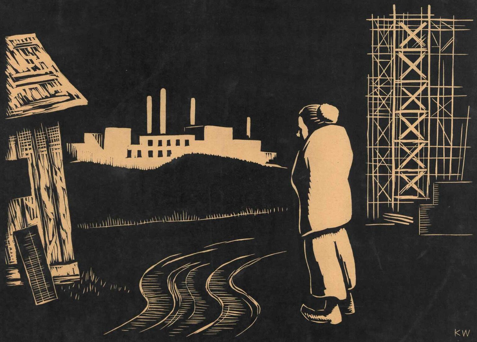 Black-and-ivory print “Working Woman” by Karl Wiener (1929) depicting a solitary woman in profile standing before factory chimneys and scaffolding, rendered in stark contrasts.
