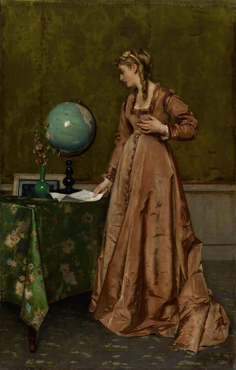 1860s oil painting of a young woman in a pink gown standing beside a green console table, reading a letter; on the table a globe, a vase of blossoms, and folded papers, all set against olive-green wallpaper.