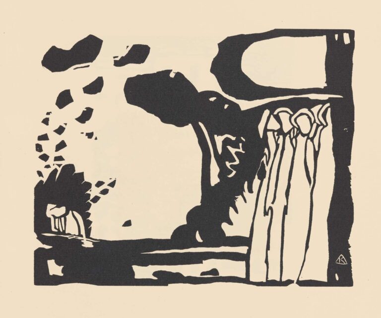 Woodcut on cream paper showing a thick black border, a broad horizontal base, an irregular upper silhouette, and four tall white vertical figures carved into the black relief, interspersed with small triangular voids.