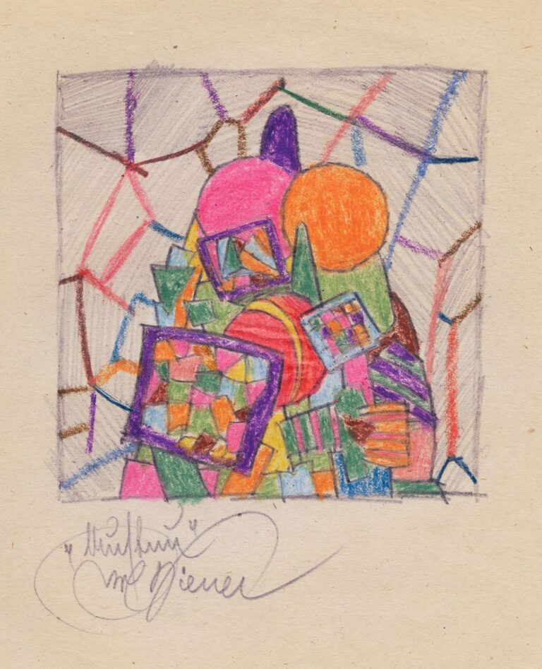 Abstract painting “Structure II” by Karl Wiener (1923) featuring overlapping circles, squares, and angular forms in bright hues of pink, orange, green, and purple set against a pale textured background, intersected by a fine linear network.