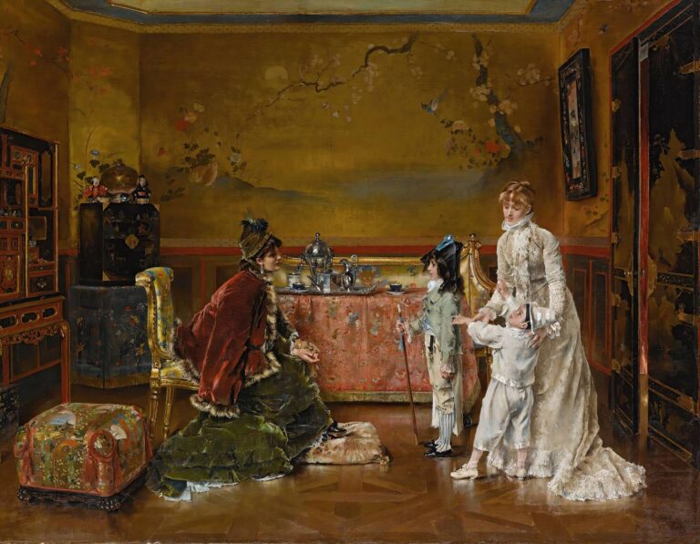 1879 oil painting of two young girls in elaborate period costumes and a fur‑trimmed matron in a richly decorated salon, preparing for a fancy dress ball amid lacquer furniture, a decorative screen, and polished silverware.