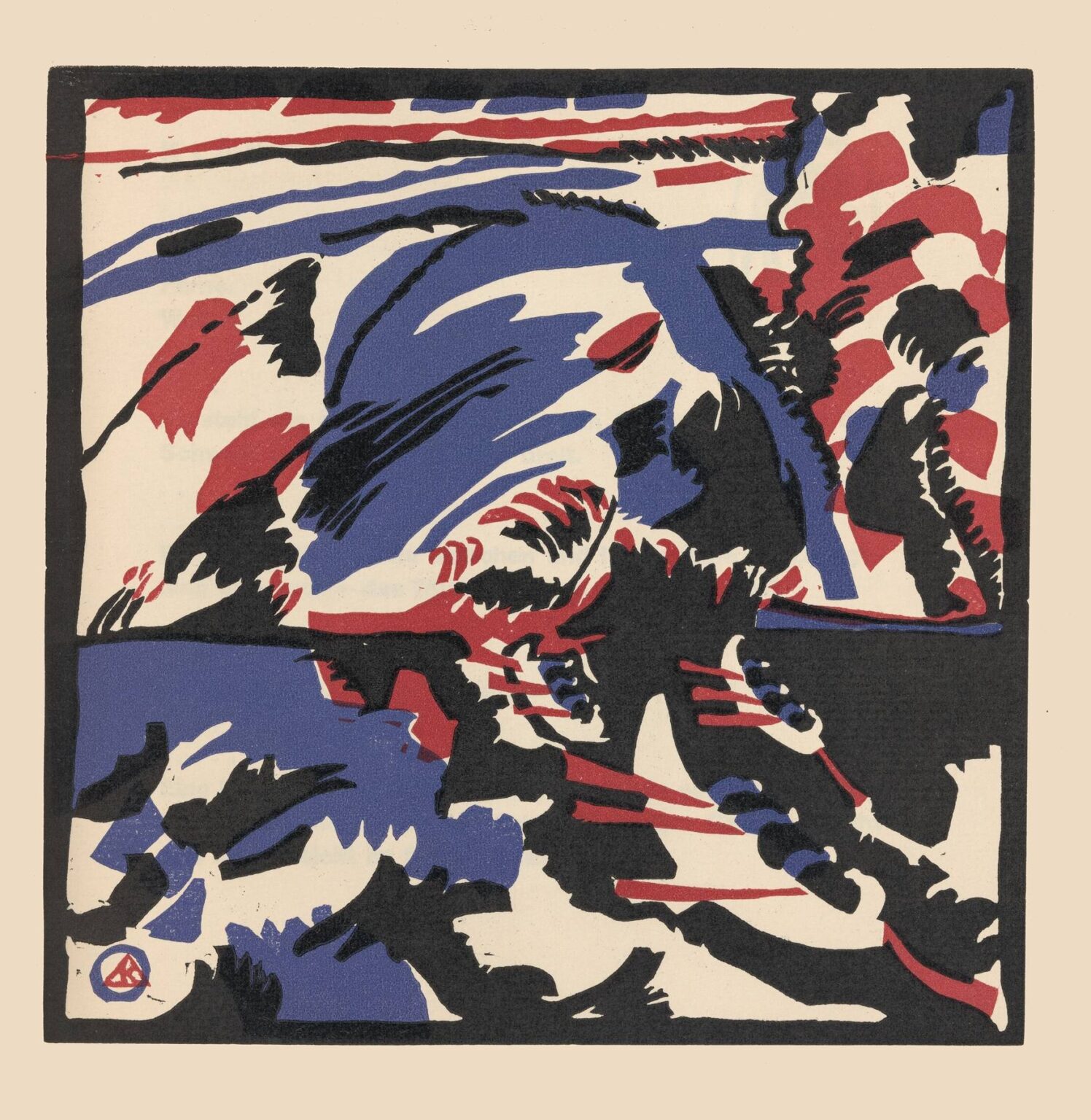 Woodcut relief print showing a sinuous black arc at top, scattered black fragments, an ascending vertical row of five triangular voids, and a thick black band at the bottom, accented with red and blue watercolor washes.