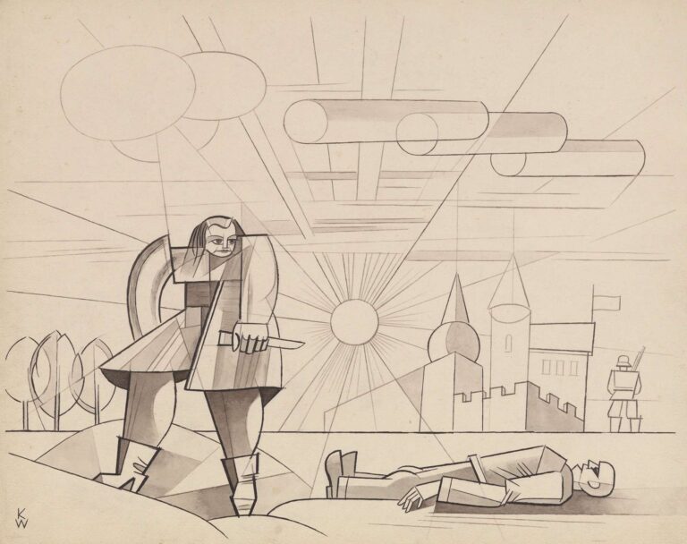 Monochrome drawing “Died While Escaping” by Karl Wiener (1942–1948) showing a figure clutching a knife emerging from a cracked ground, a fallen body nearby, and a distant fortress under a sunburst of linear rays.