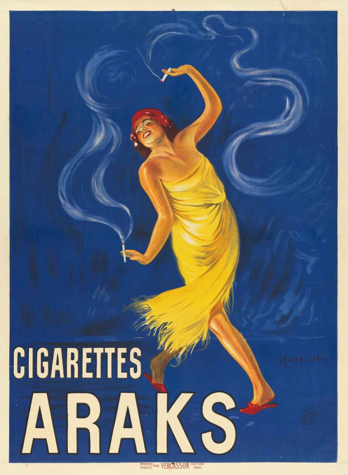 1925 poster by Leonetto Cappiello depicting a flapper in a yellow fringe dress dancing against a deep blue background, each hand holding a lit cigarette whose smoke trails form elegant curls, with large white text “CIGARETTES ARAKS” at the bottom.