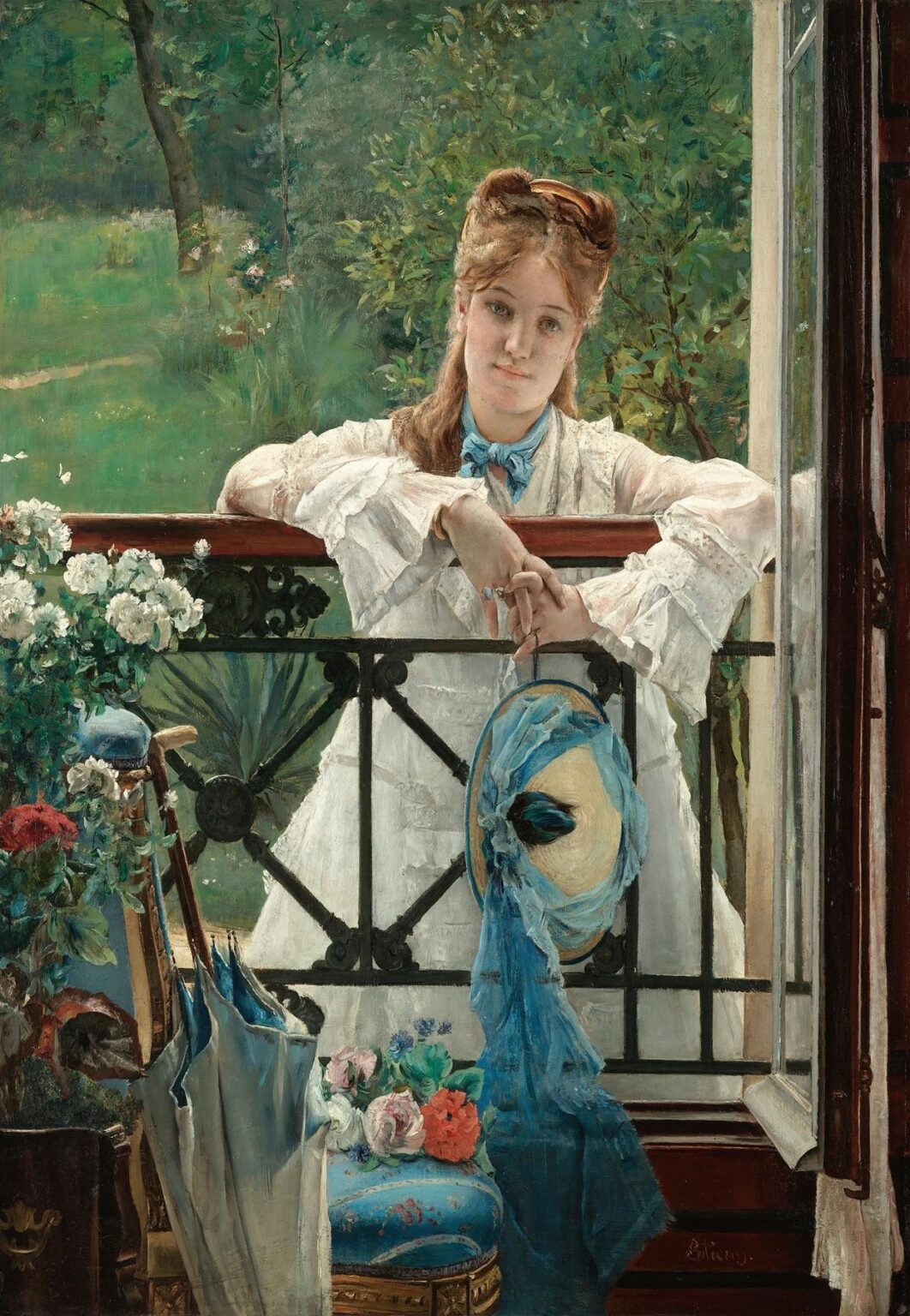 19th‑century oil painting of a young woman in white lace dress leaning on a balcony railing, holding a straw hat tied with a bright blue ribbon, with an umbrella and flowers at her feet and leafy garden beyond.