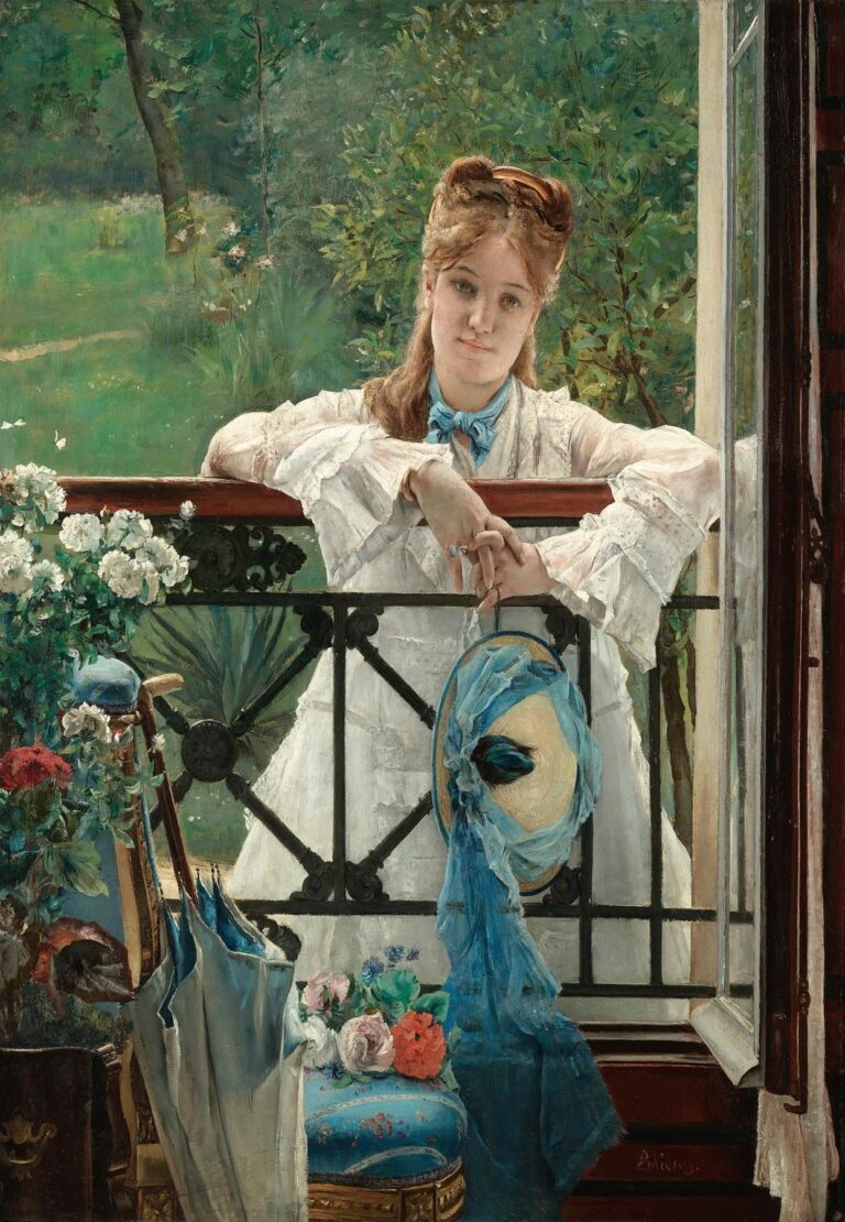 19th‑century oil painting of a young woman in white lace dress leaning on a balcony railing, holding a straw hat tied with a bright blue ribbon, with an umbrella and flowers at her feet and leafy garden beyond.