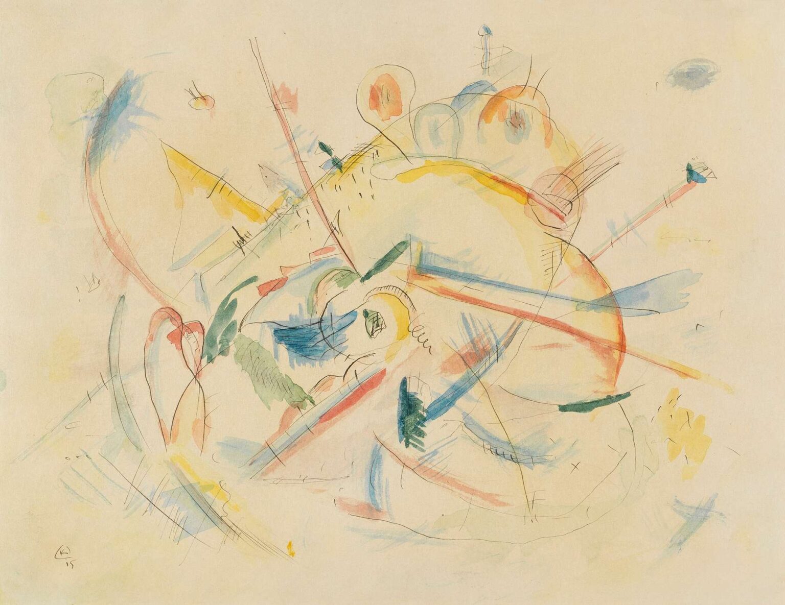 Abstract watercolor and pencil drawing on ivory paper showing a large curved arc, diagonal pencil lines, a central yellow‐washed circle, clusters of pale orange and blue washes, and fine pencil hatchings.