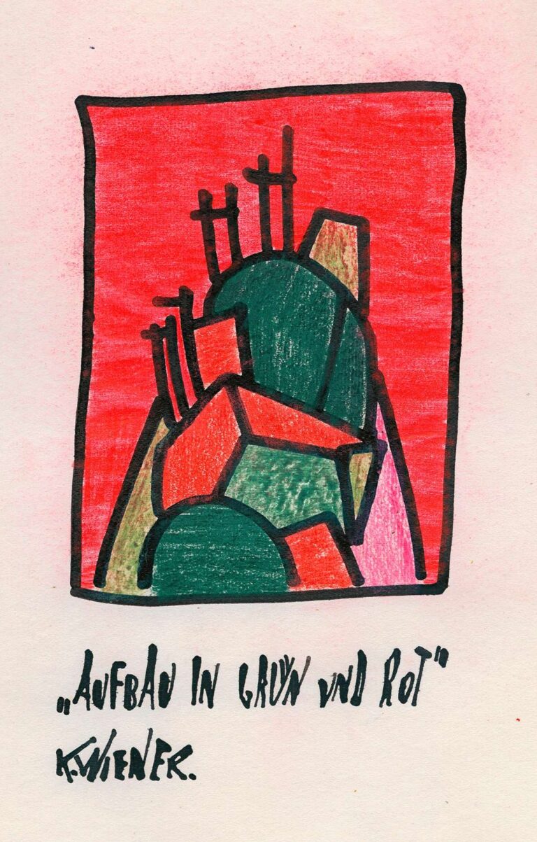 Abstract drawing “Structure in Green and Red” (1921) by Karl Wiener featuring overlapping geometric shapes—semi‑circles, polygons, and triangles—in deep green and bright red against a pale background, outlined by a skewed black frame.