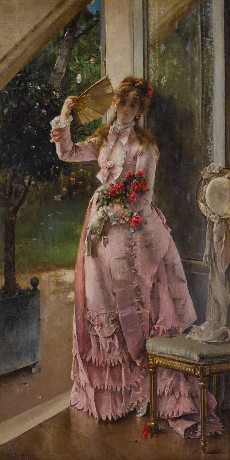 19th-century oil painting of a young woman in a white lace dress leaning on a balcony railing, holding a folded fan, with a straw hat and flowers at her feet against a backdrop of sunlit green foliage.