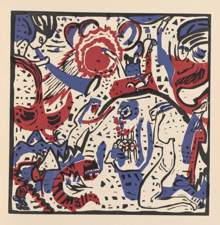 An abstract print in black, red, and blue featuring interlocking organic shapes, angular lines, and dotted patterns across a cream background, evoking swirling motion and musical vibration.