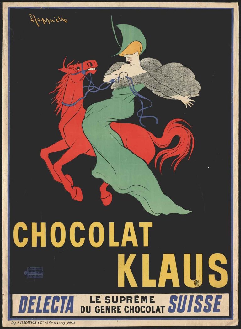 1903 poster by Leonetto Cappiello showing a woman in flowing green dress and cloak riding a red horse against a black background, with large yellow text “CHOCOLAT KLAUS” and a white banner below reading “DELECTA SUISSE le suprême du genre chocolat.”