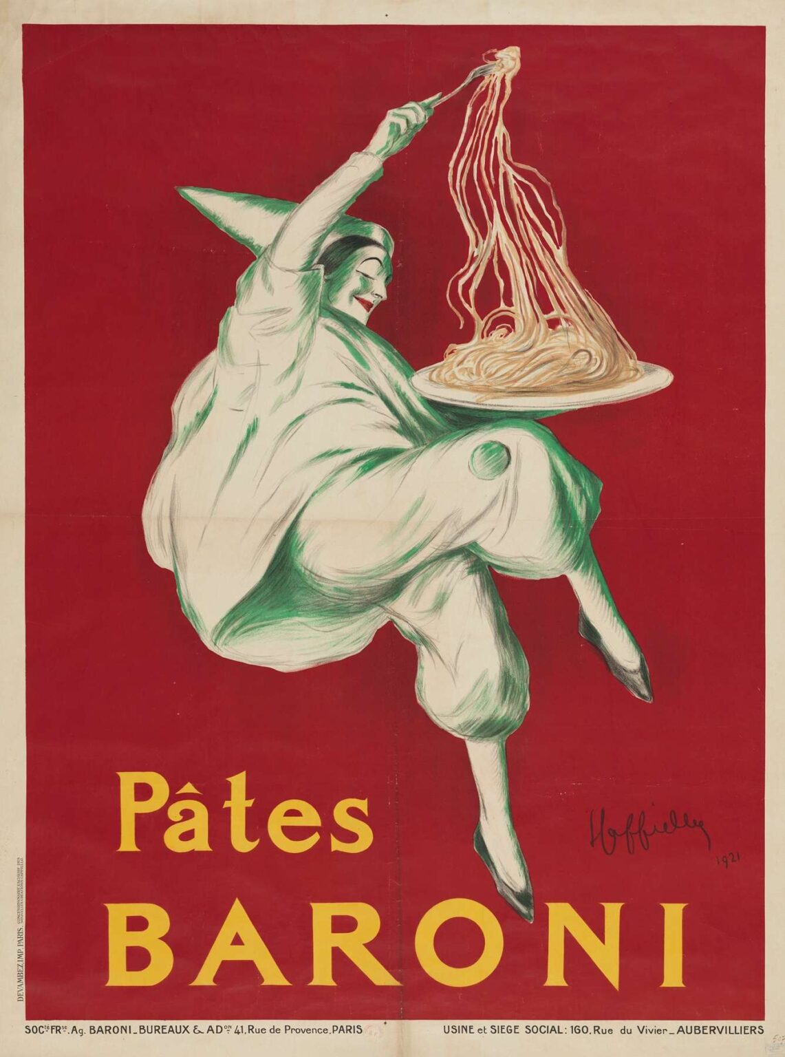1921 poster by Leonetto Cappiello showing a Pierrot‐like figure in flowing green and white garments leaping on a red background while holding a plate of pasta and twirling a fork, with large yellow text “PÂTES BARONI” at the bottom.