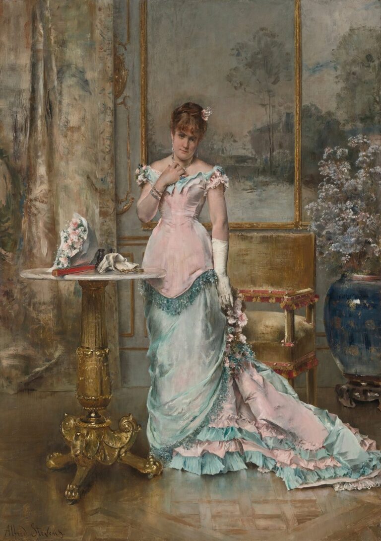 19th‑century oil painting of a lady in an ivory evening gown holding a fan, standing beside a small marble table with gloves and flowers, against a gilded folding screen in a richly decorated salon.
