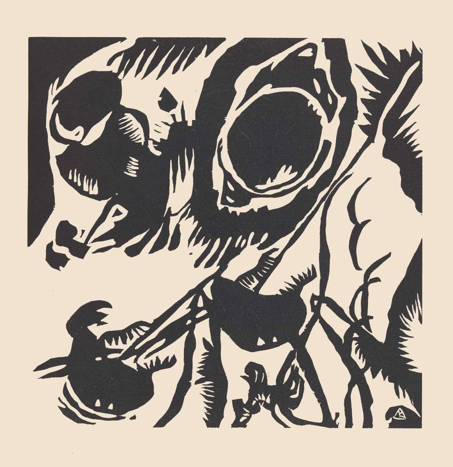 Monochrome woodcut print featuring bold black silhouettes, jagged hatchings, and a dynamic diagonal slash cutting across a cream background, evoking musical rhythms through abstract shapes.