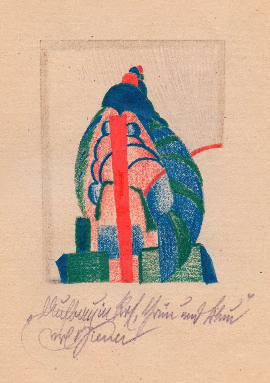 Abstract colored‑pencil drawing “Structure in Red, Green and Blue” by Karl Wiener (1923) featuring a central red stripe flanked by scalloped green and blue forms, with geometric blocks at the base and textured pencil marks throughout.