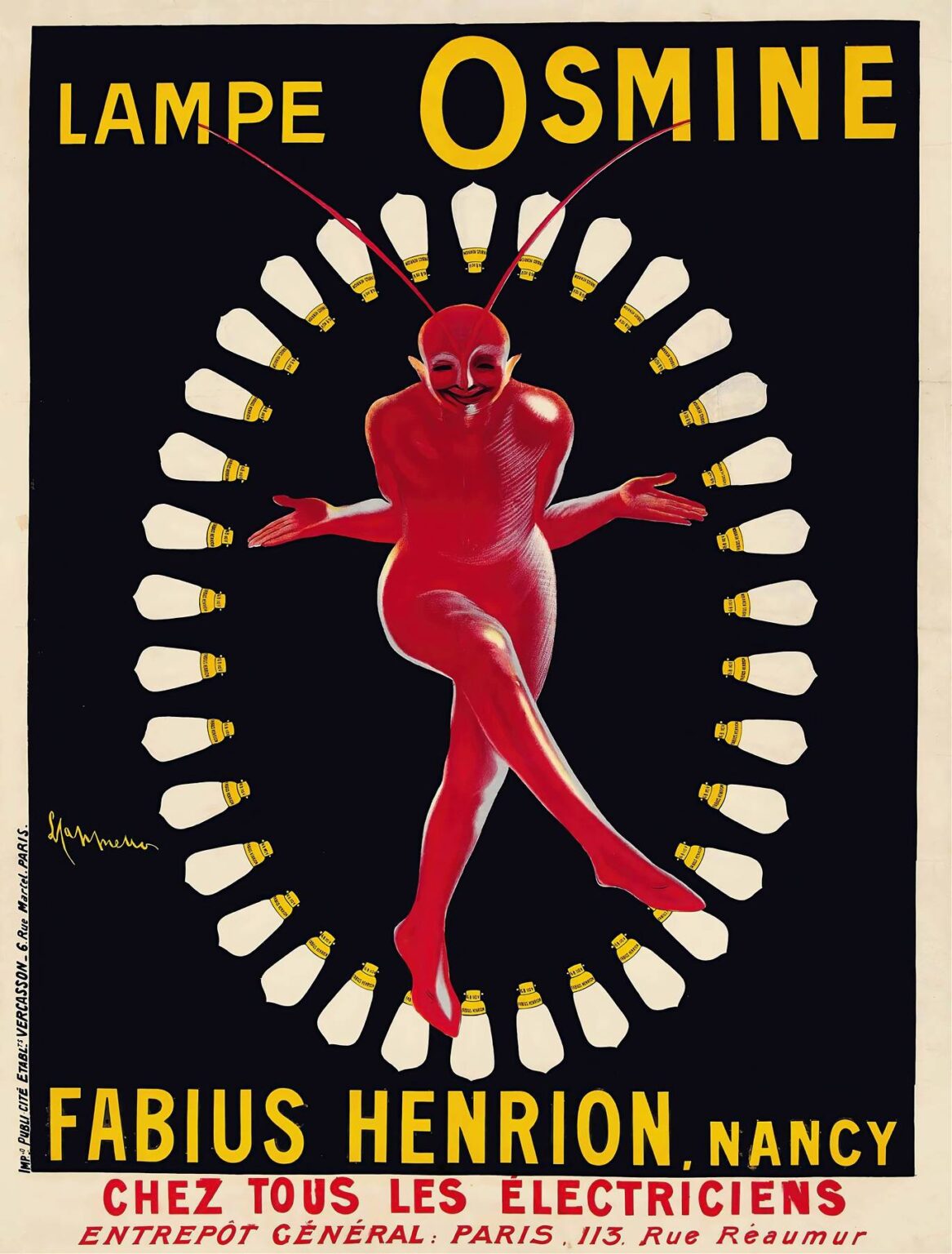 A vintage poster depicting a bright red imp-like figure dancing at the center of a circular arrangement of white lightbulbs against a deep black background, with bold yellow “Lampe Osmine” text at the top and red-and-yellow manufacturer details along the bottom.