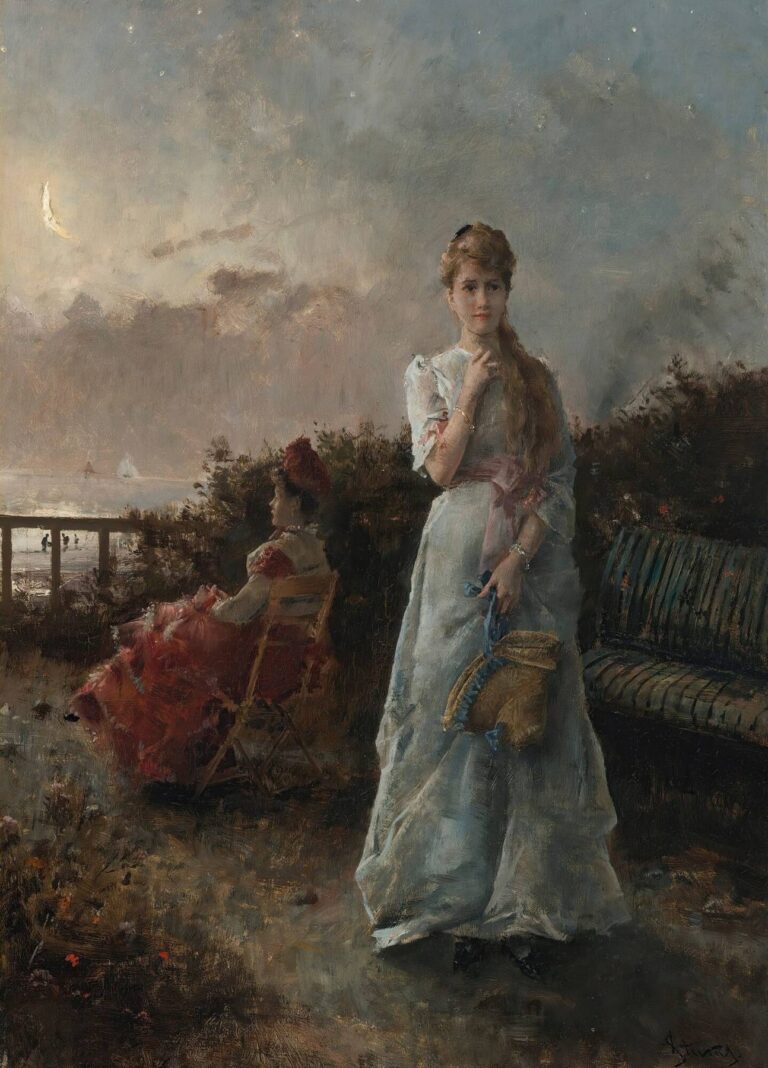 19th‑century oil painting of two women in pastel evening gowns on a terrace at dusk, one standing with a straw fan under a crescent moon and stars, the other seated gazing toward sailboats on a glimmering sea.