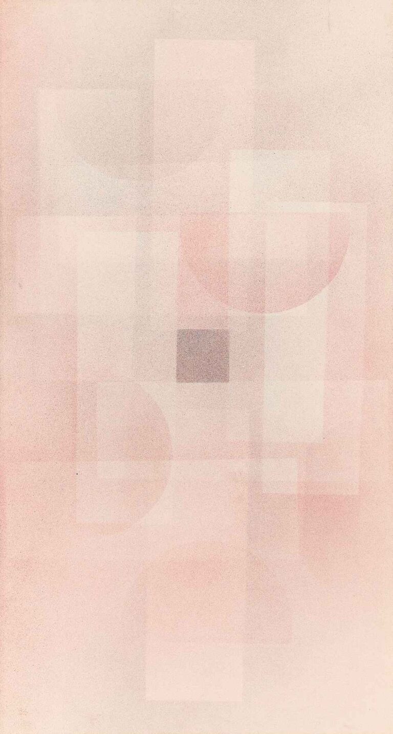 Faded pastel rectangles and circles overlapping in soft pinks, creams, and grays, their edges blurred as if emerging from mist against a pale background.