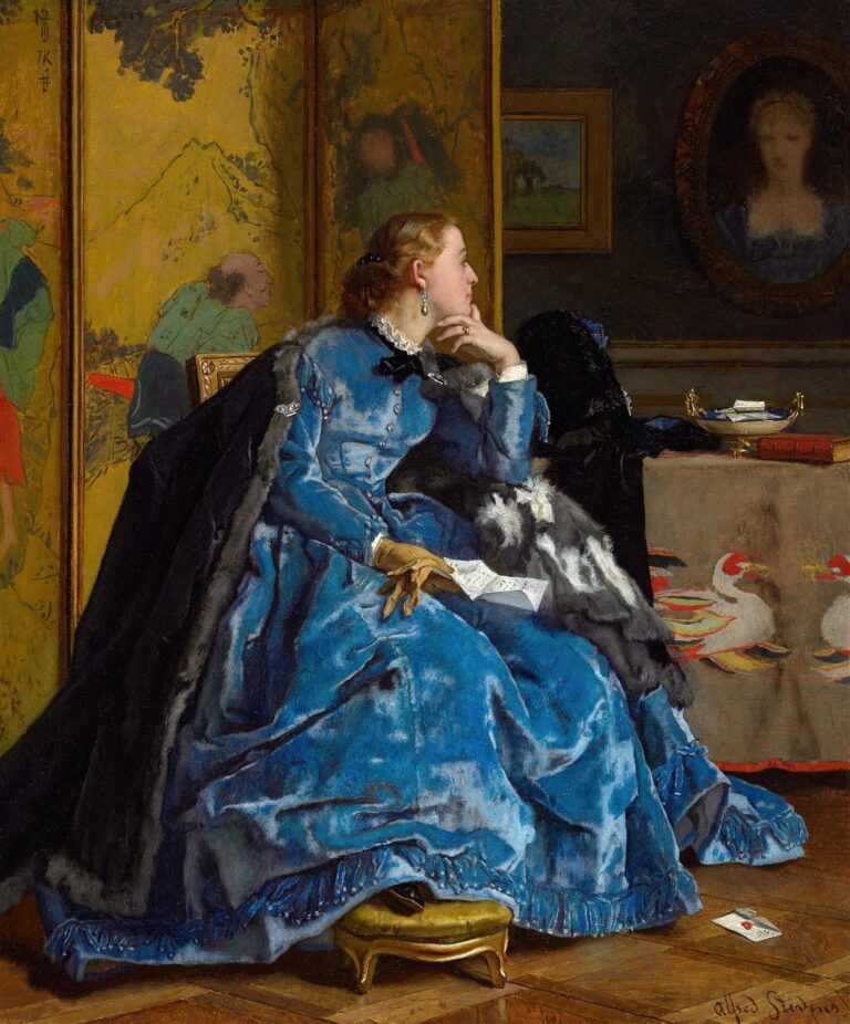 19th-century oil painting of a seated duchess in a sumptuous blue silk gown and gloves, holding a letter, with a lacquered Japanese screen and ornate console table behind her in a polished parquet-floored interior.