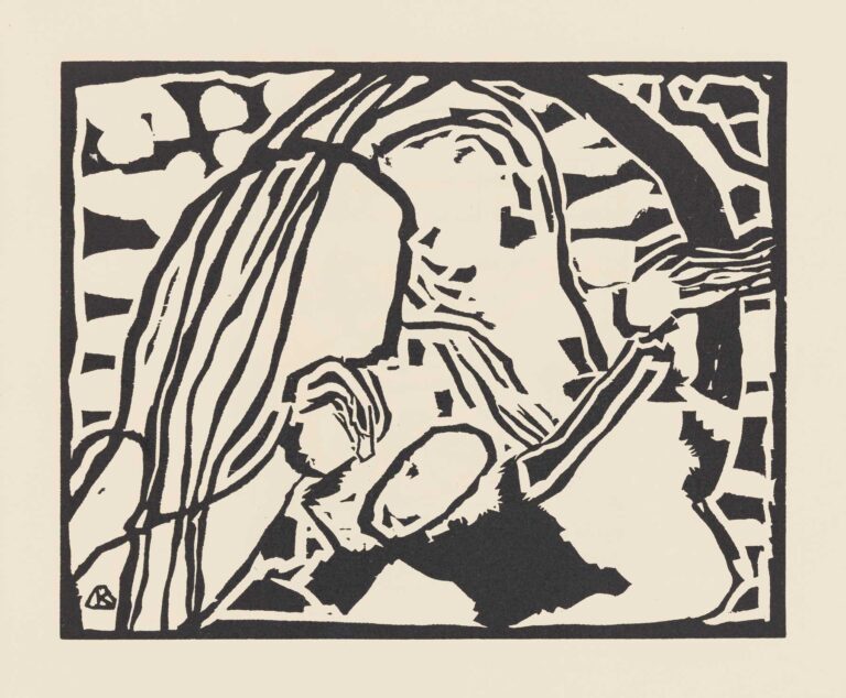 High-contrast black-and-white abstraction of overlapping organic shapes and linear patterns inside a rectangular border, suggesting rhythmic movement and echoing sound waves.