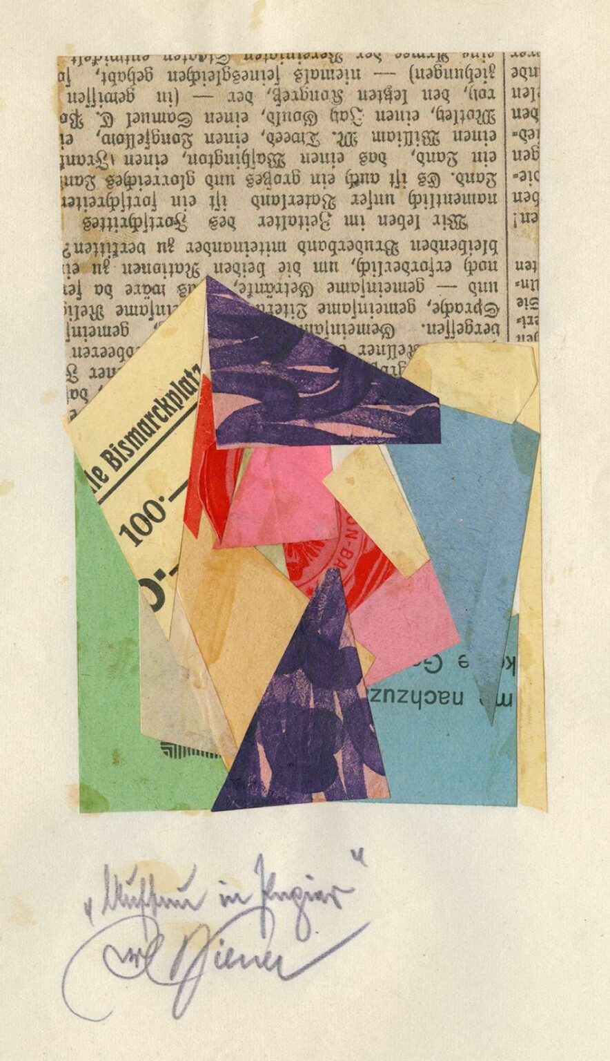 Collage “Structure in Paper” by Karl Wiener (1923) featuring overlapping fragments of upside‑down newspaper text, colored paper shapes in mustard, teal, pink, and purple, and printed seals arranged in a rhythmic, architectural composition.