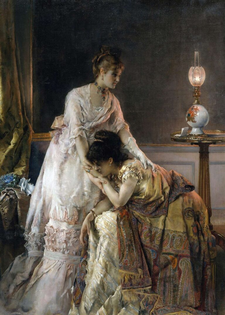 19th‑century oil painting of a solitary woman in an ivory silk ball gown seated on a chaise longue, holding her mask and fan in a dimly lit Parisian salon strewn with flowers and couture accents.